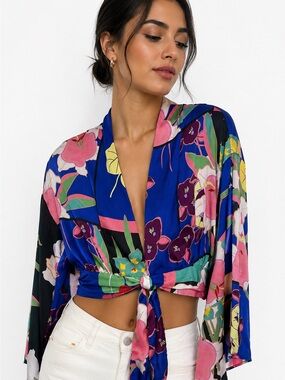 Zara Floral Tie Front Crop Blouse XS
